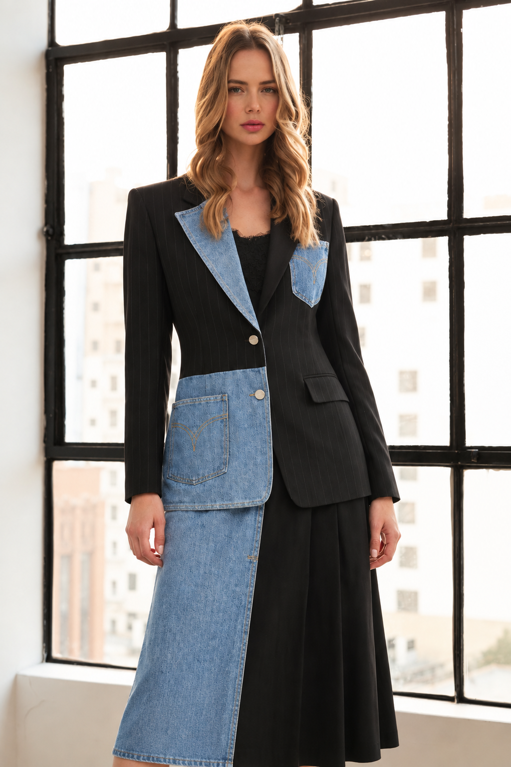 Donna Pleated Skirt with Stonewash Denim