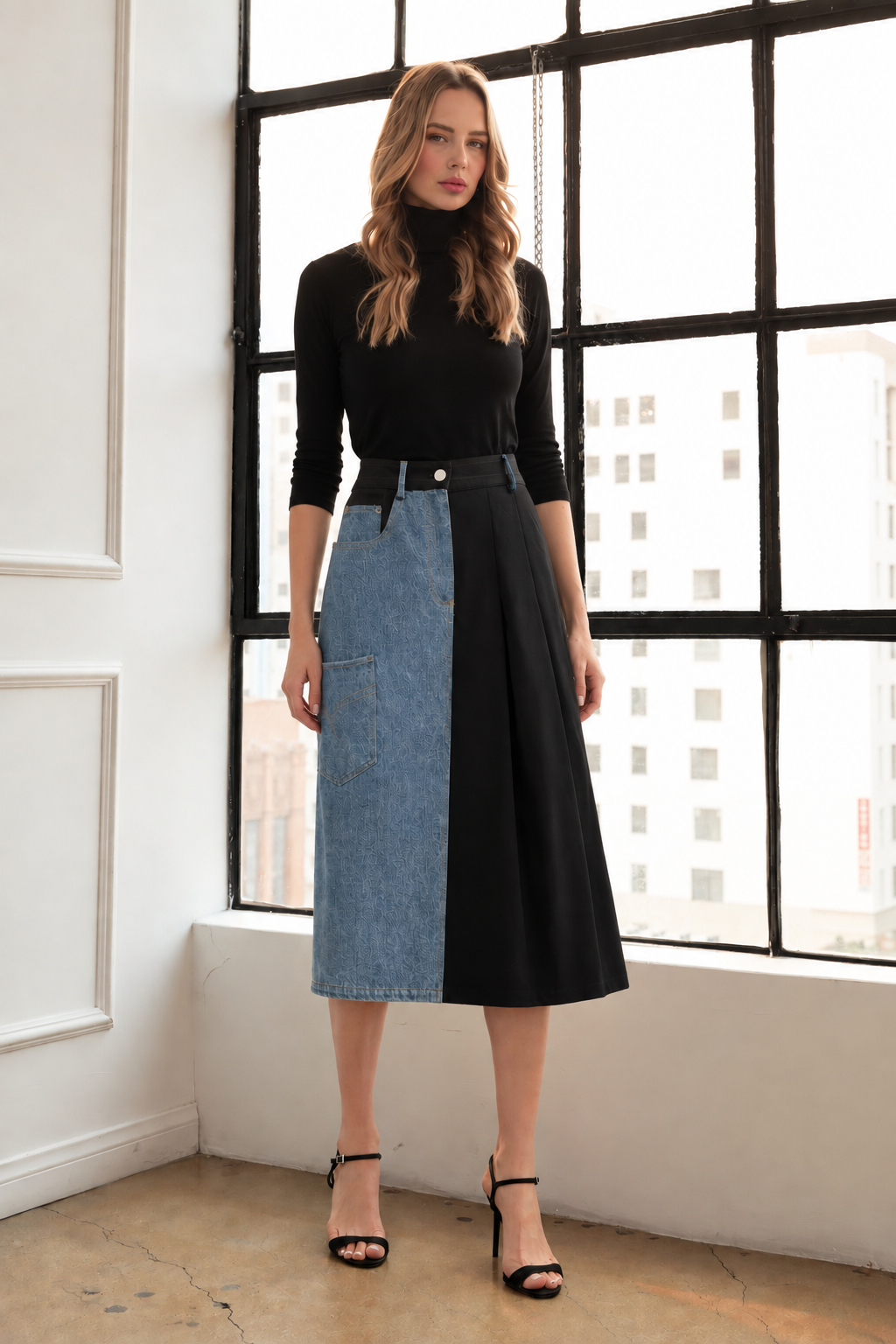 Donna Pleated Skirt with Stonewash Denim