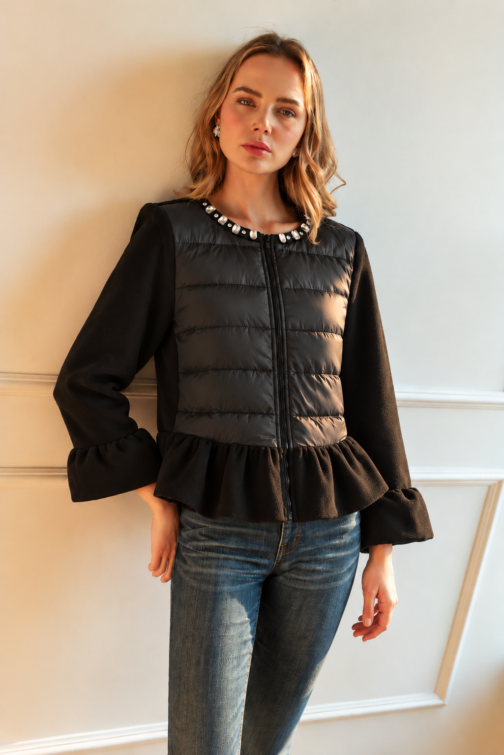 James Peplum Puffer Jacket with Jewel Embellishment