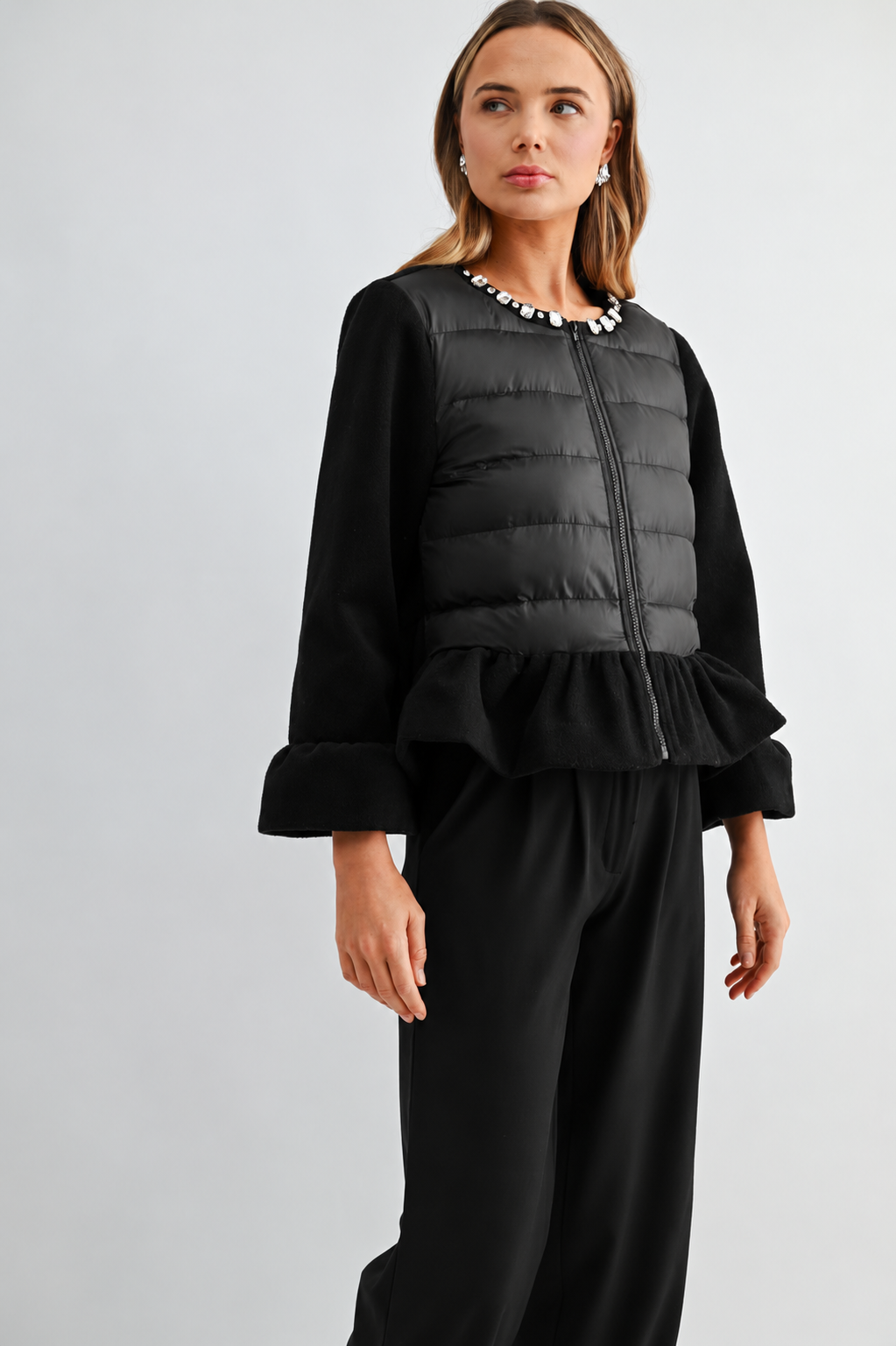 James Peplum Puffer Jacket with Jewel Embellishment