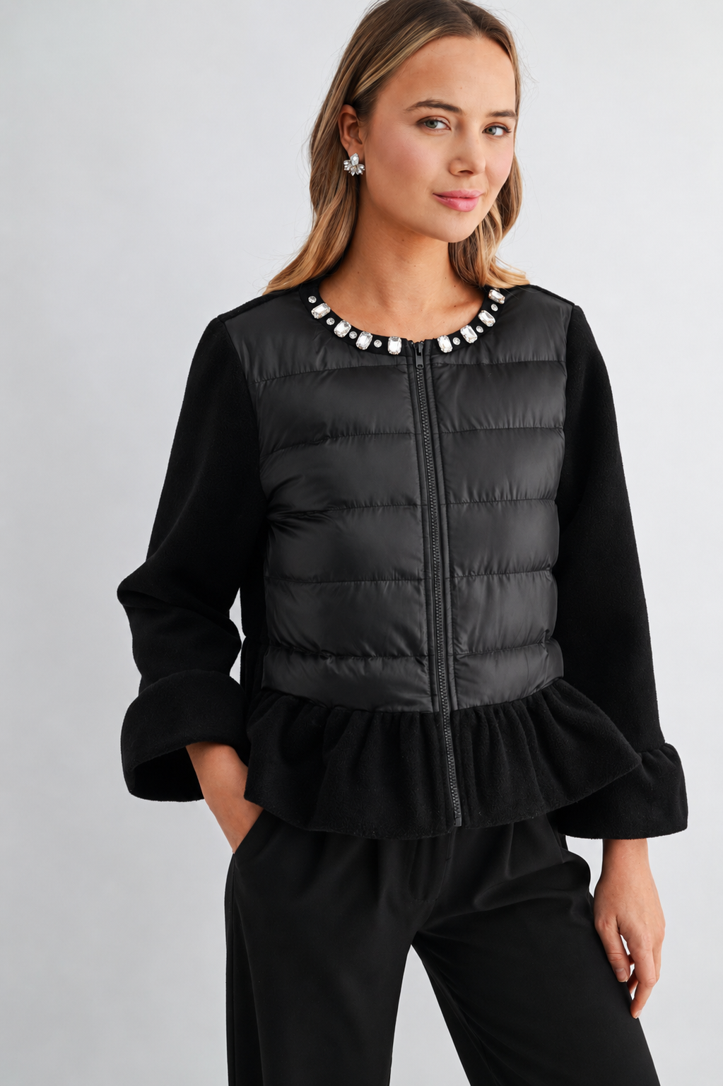 James Peplum Puffer Jacket with Jewel Embellishment