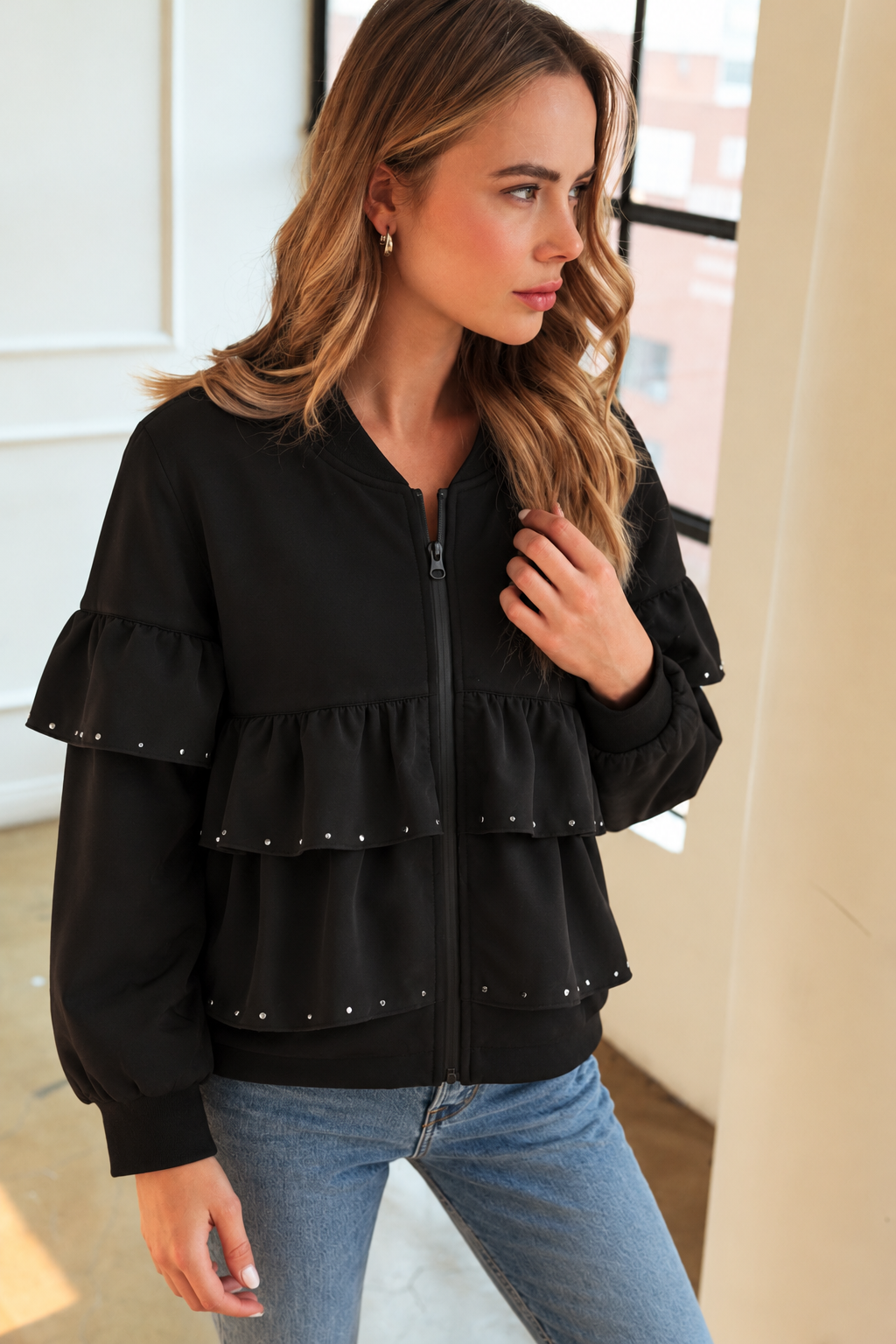 Fenya Stretch French Scuba Ruffle Jacket with Studs