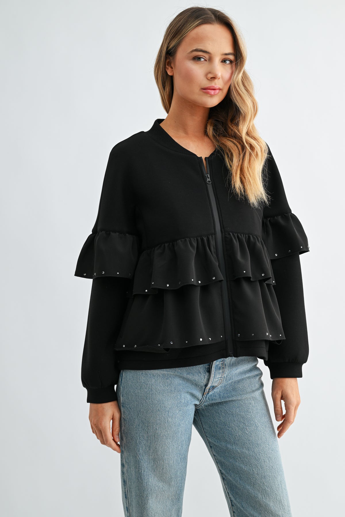 Fenya Stretch French Scuba Ruffle Jacket with Studs
