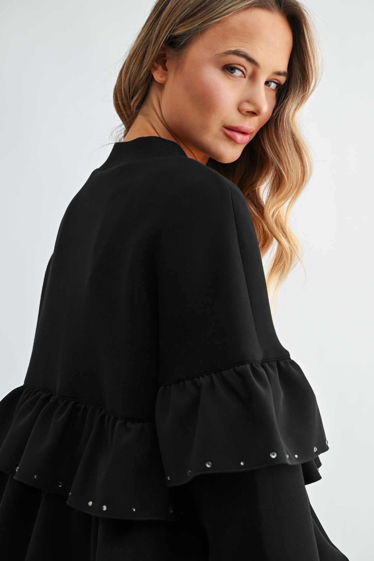 Fenya Stretch French Scuba Ruffle Jacket with Studs