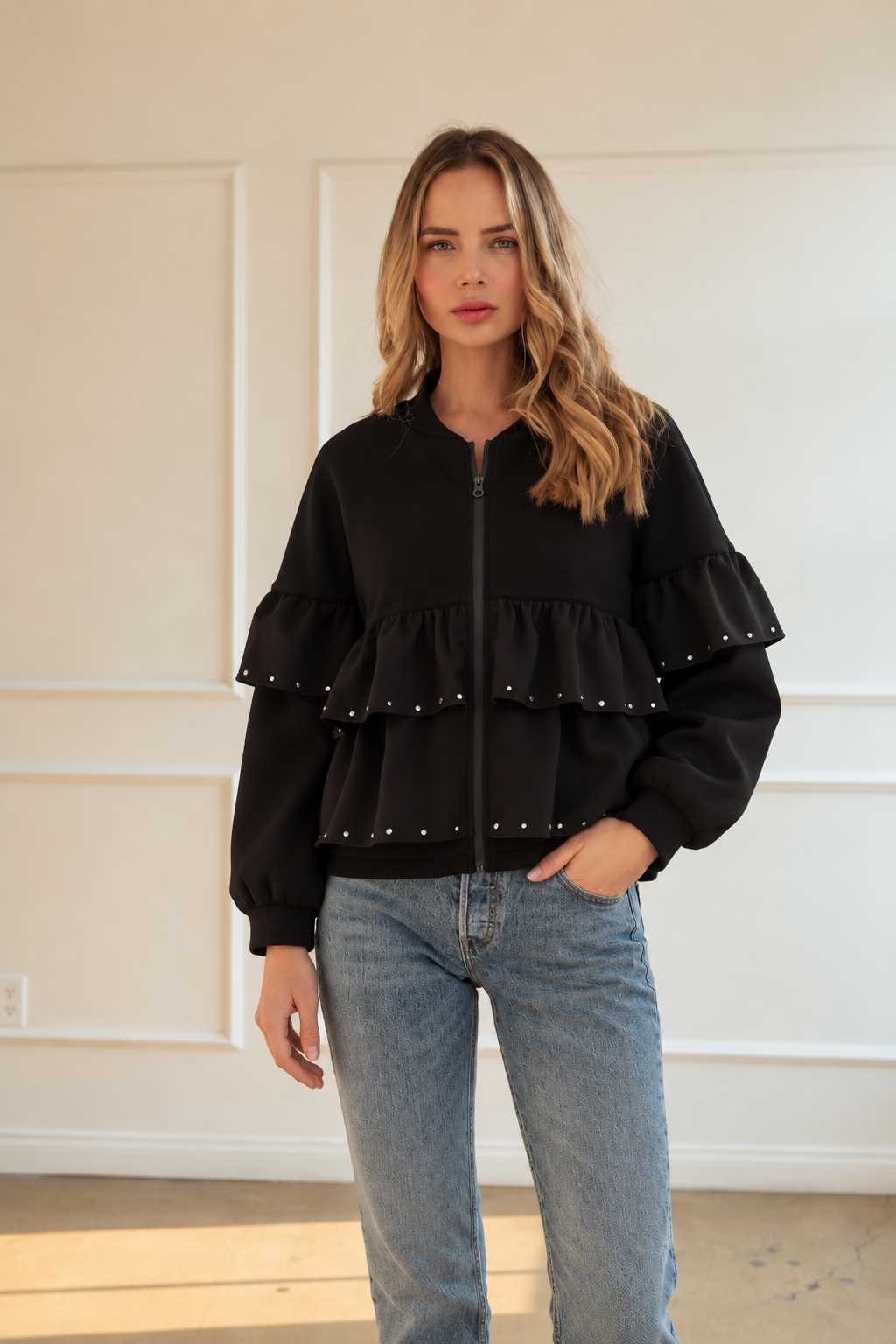 Fenya Stretch French Scuba Ruffle Jacket with Studs