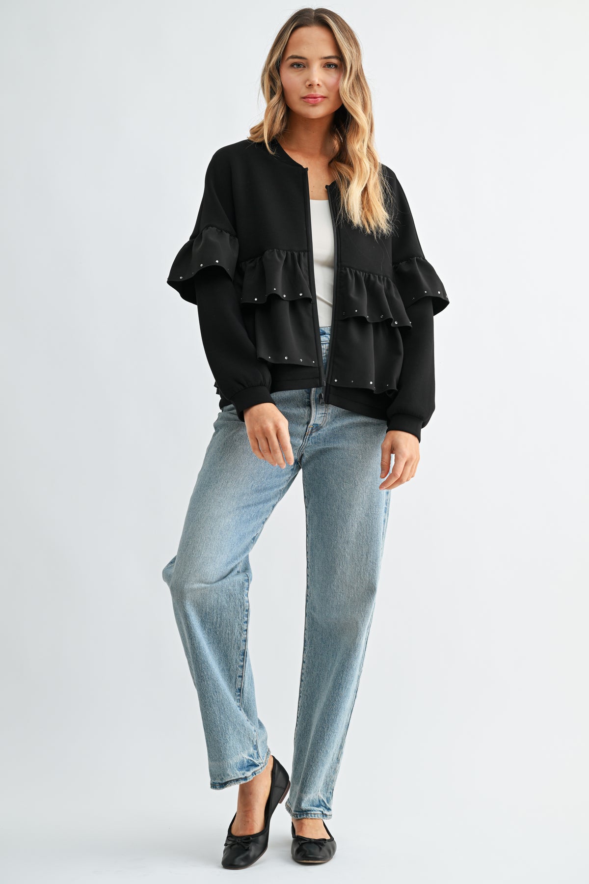 Fenya Stretch French Scuba Ruffle Jacket with Studs