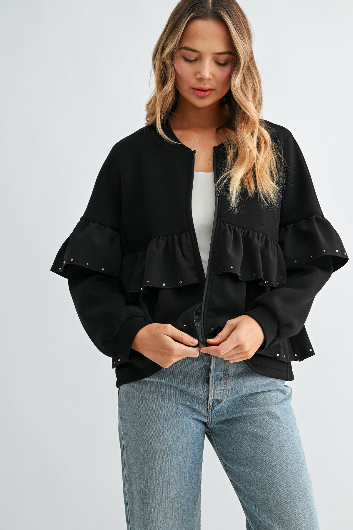 Fenya Stretch French Scuba Ruffle Jacket with Studs