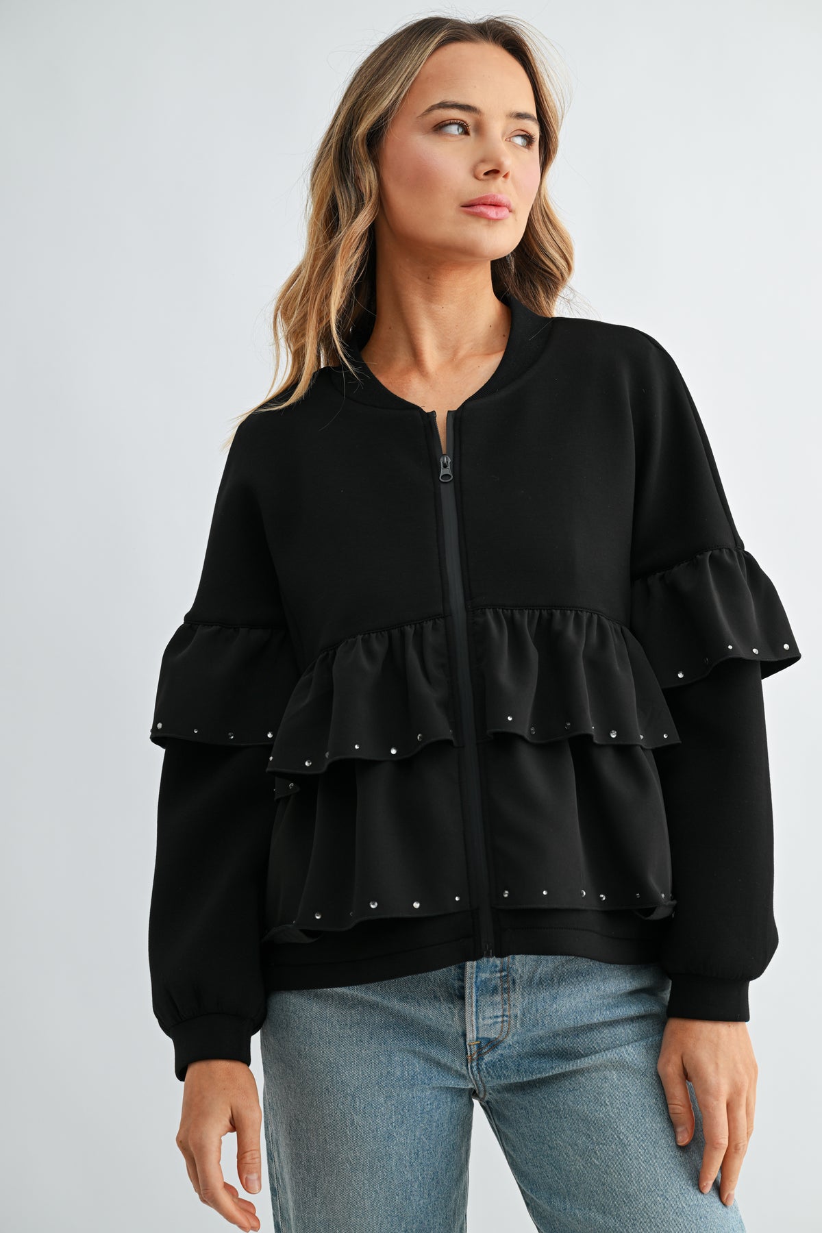 Fenya Stretch French Scuba Ruffle Jacket with Studs