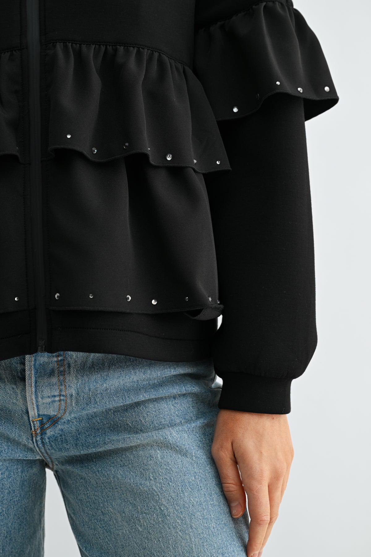 Fenya Stretch French Scuba Ruffle Jacket with Studs