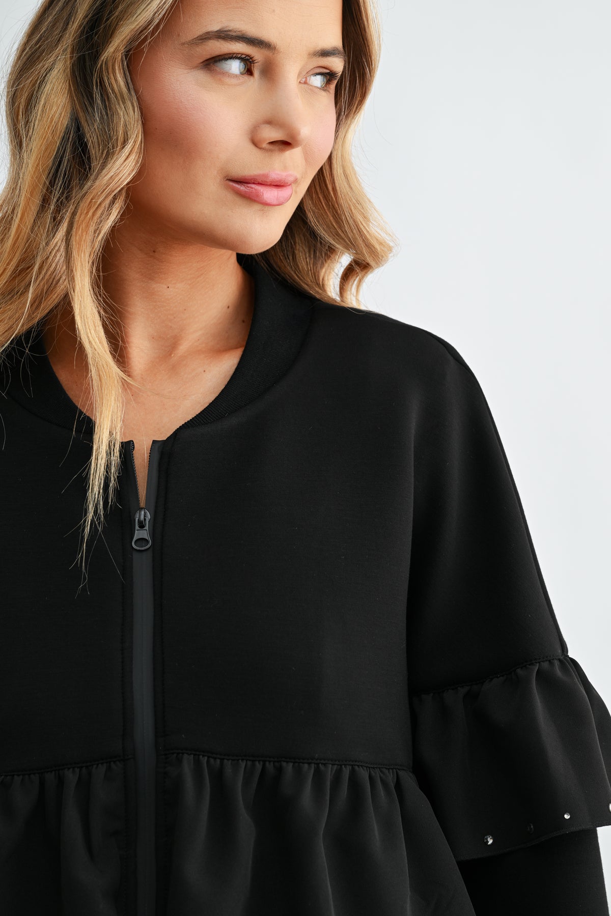 Fenya Stretch French Scuba Ruffle Jacket with Studs