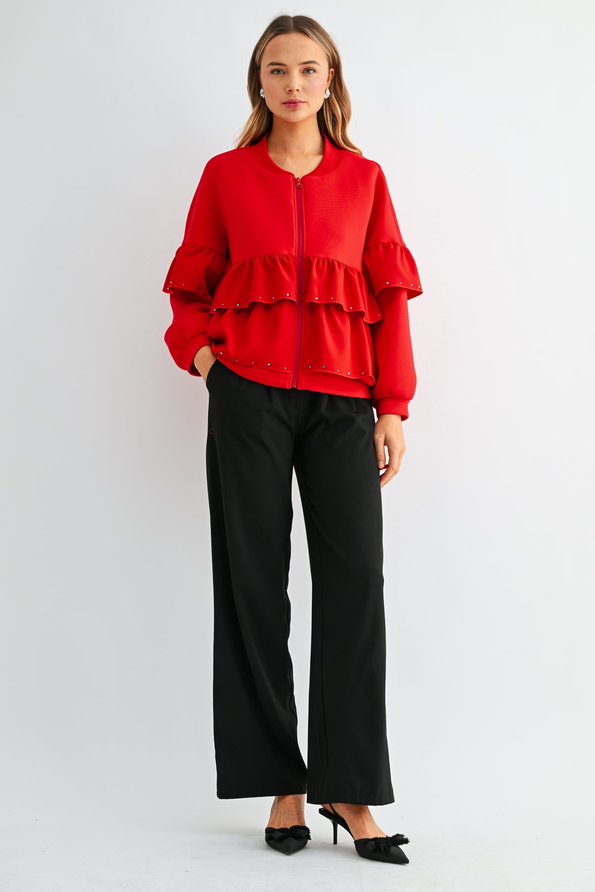 Fenya Stretch French Scuba Ruffle Jacket with Studs