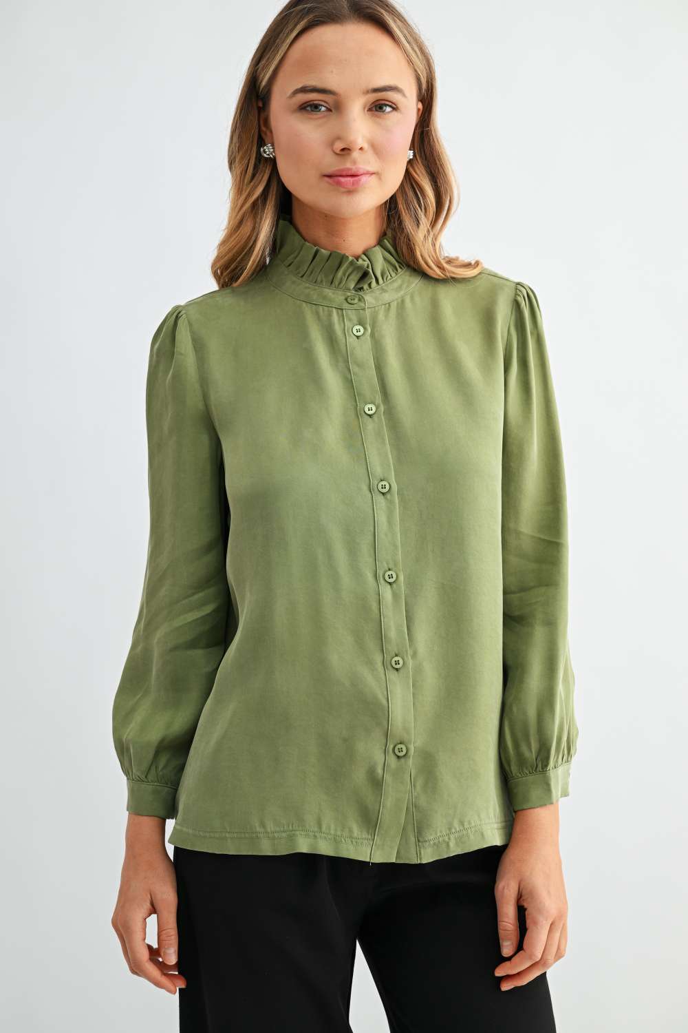 Cassie Ruffle Mock Neck Blouse in Olive – lightweight woven top with balloon sleeves