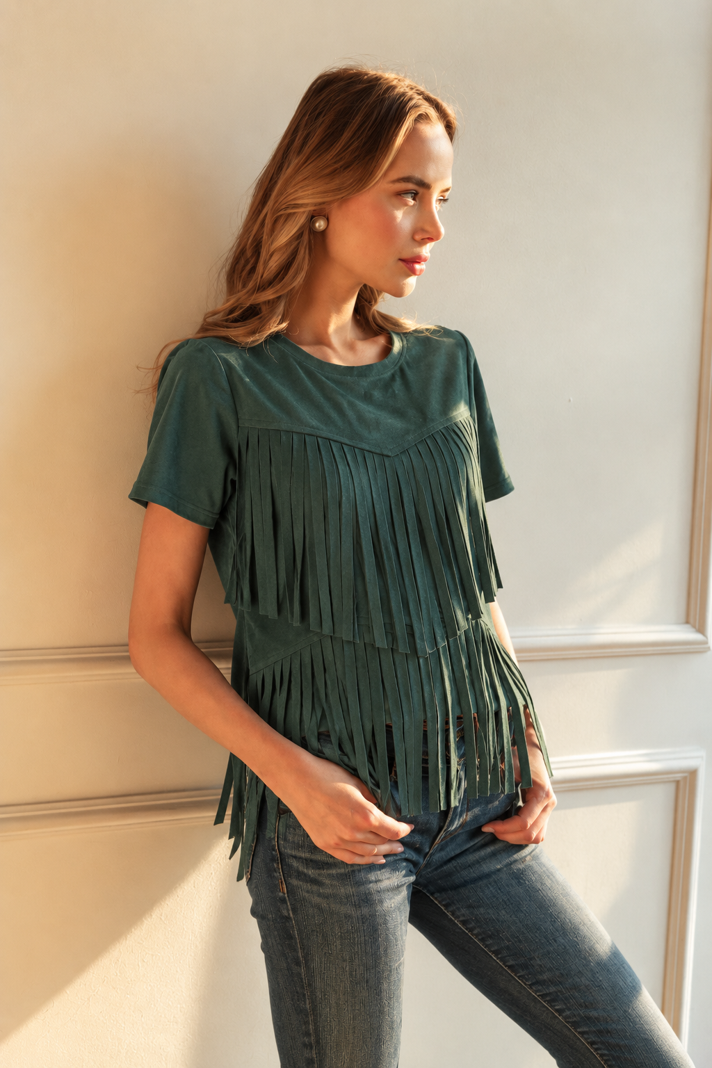 Alyssa Fringe Stretch Suede Top