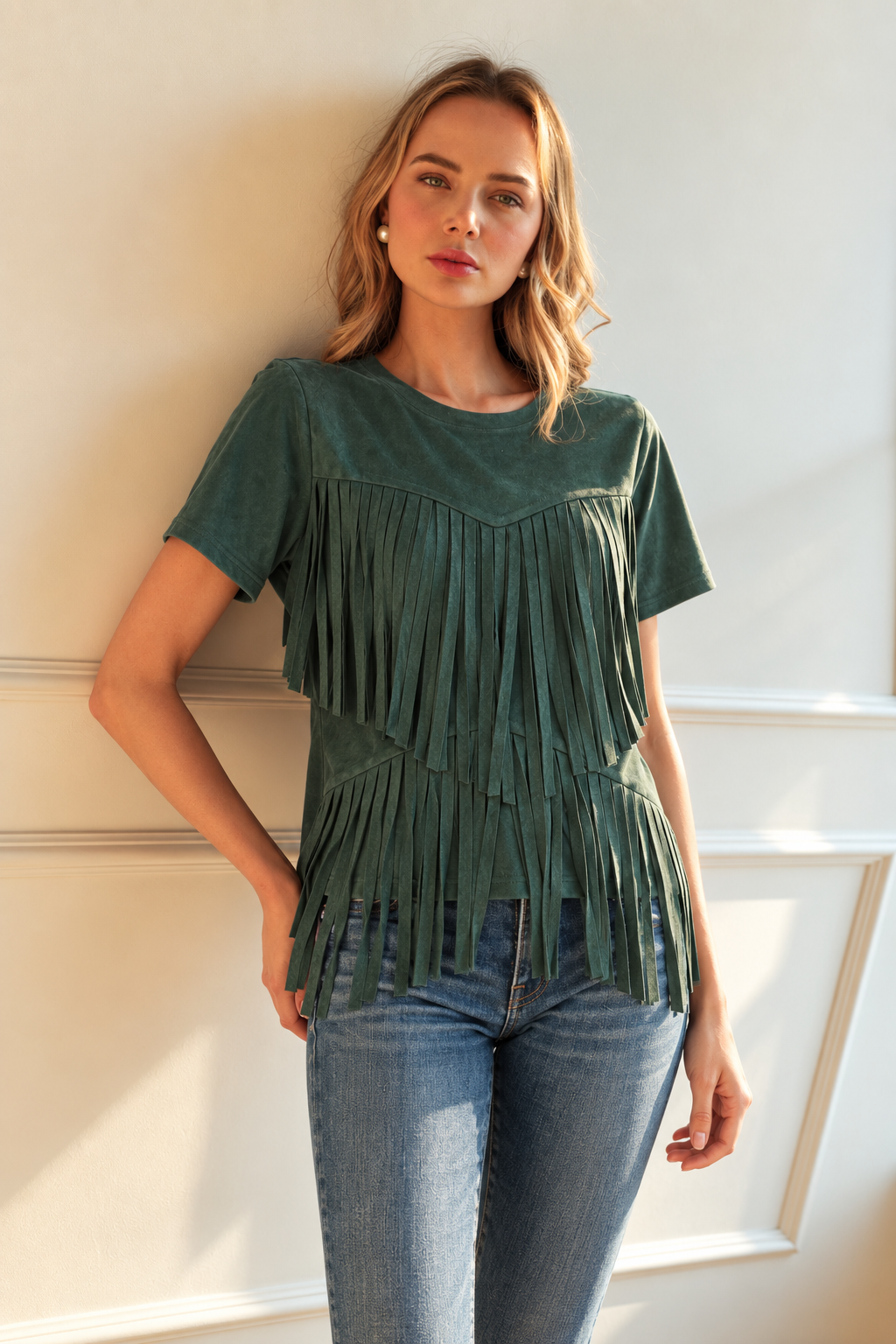Alyssa Fringe Stretch Suede Top