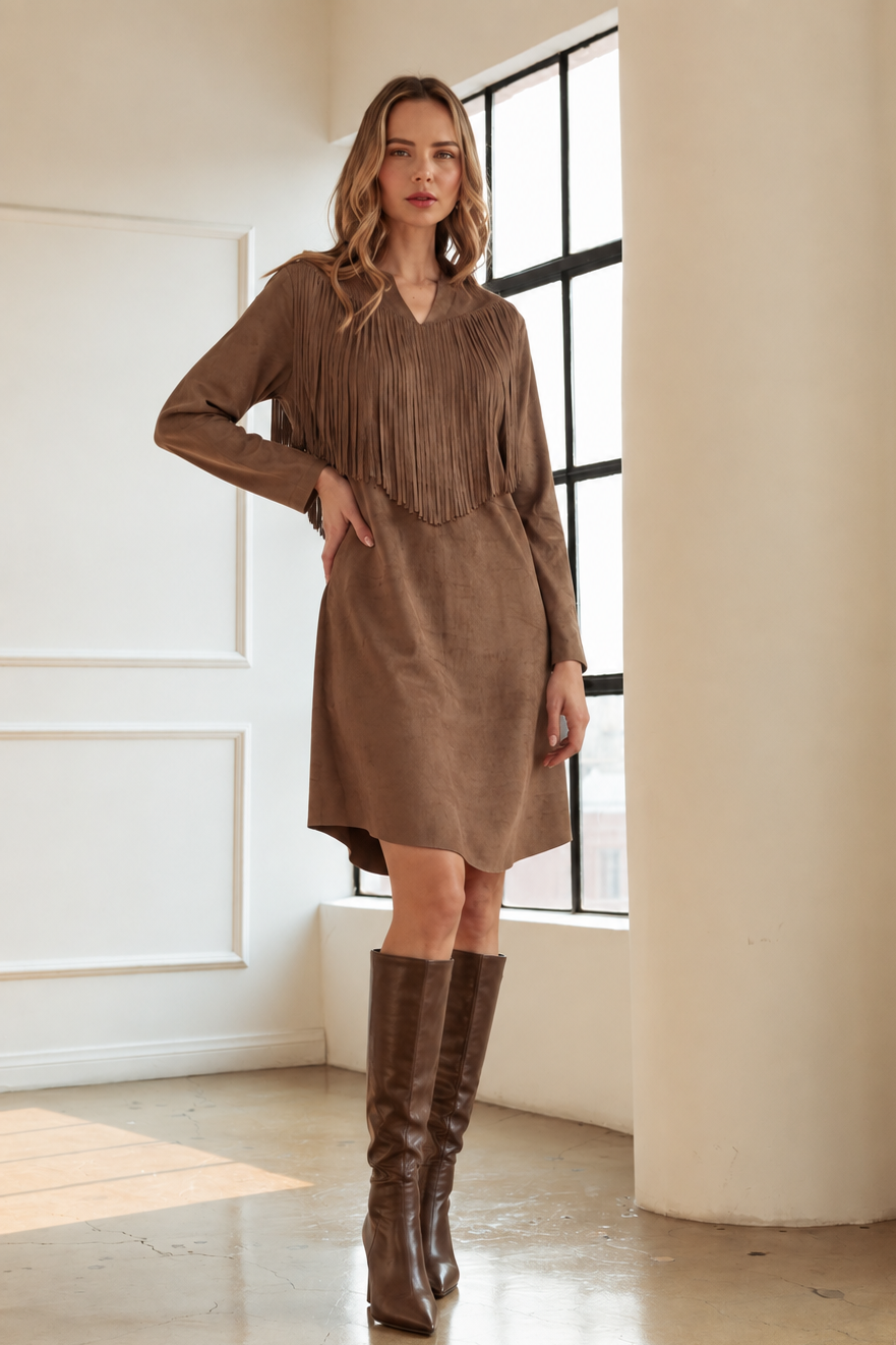 Angie Fringe Stretch Suede Tunic Dress