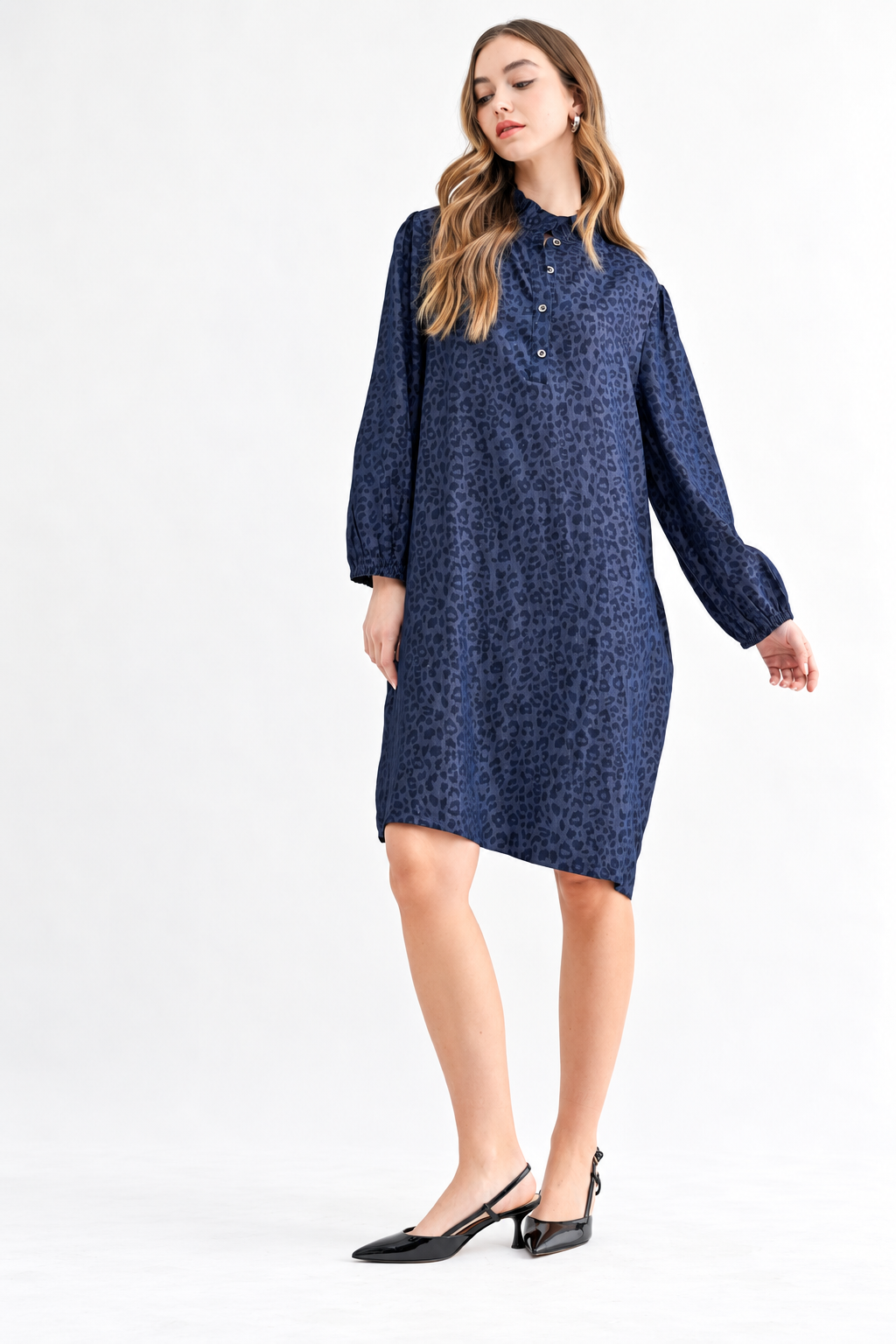 Diana Denim Leopard Print Ruffle Neck Tunic Dress