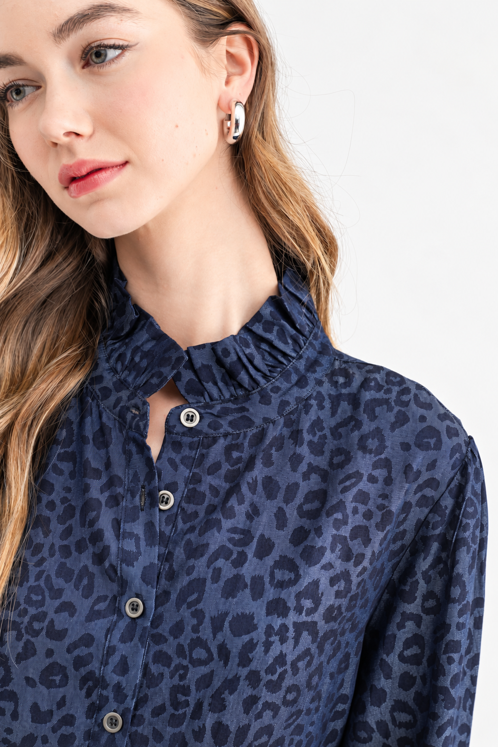 Diana Denim Leopard Print Ruffle Neck Tunic Dress