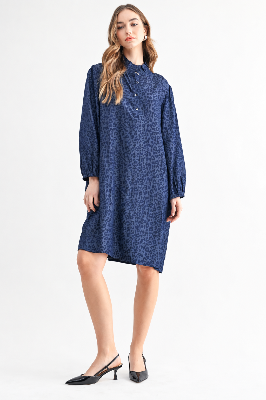Diana Denim Leopard Print Ruffle Neck Tunic Dress