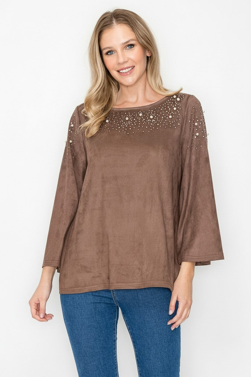 Annie Stretch Suede Top with Studs & Pearls