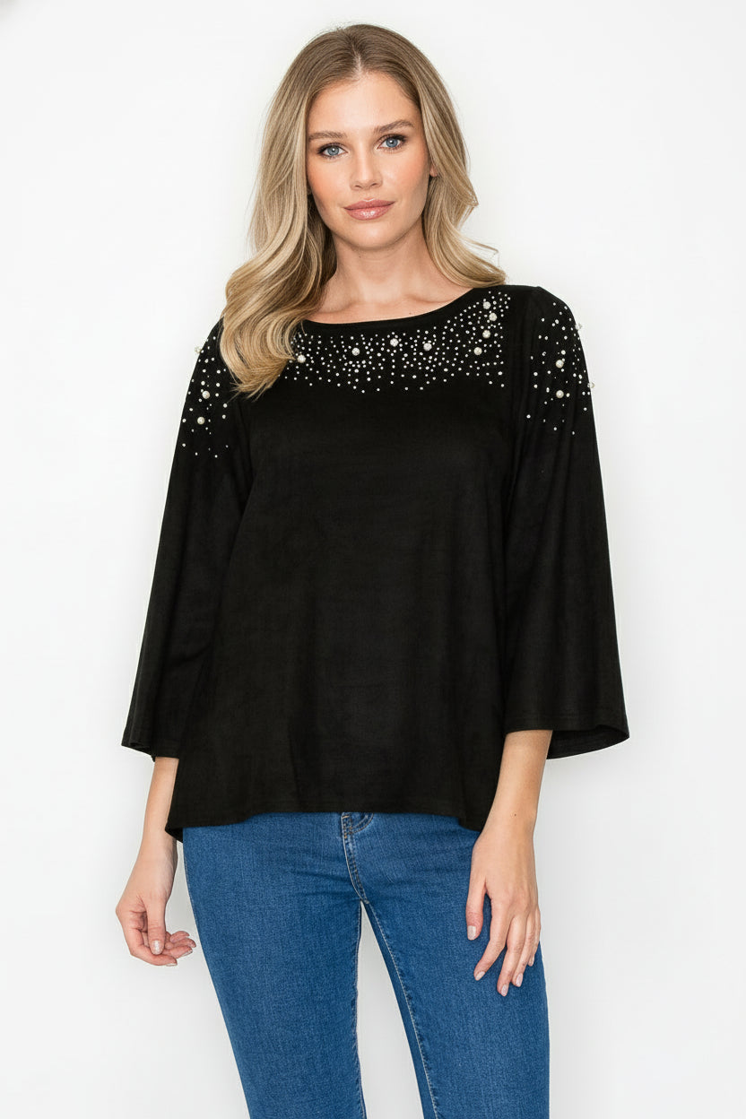 Annie Stretch Suede Top with Studs & Pearls