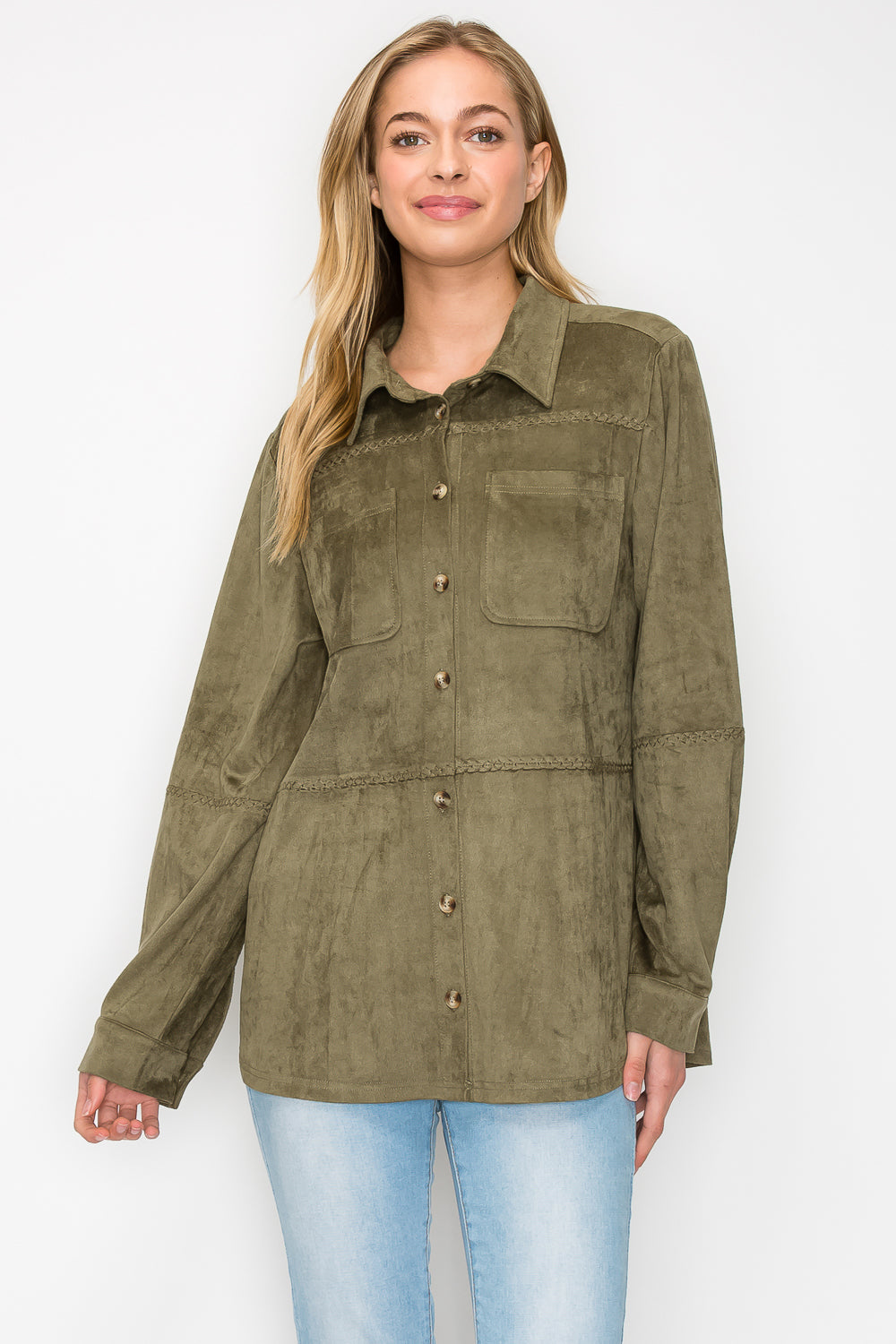 Avery Stretch Suede Top with Detailed Whipstitch