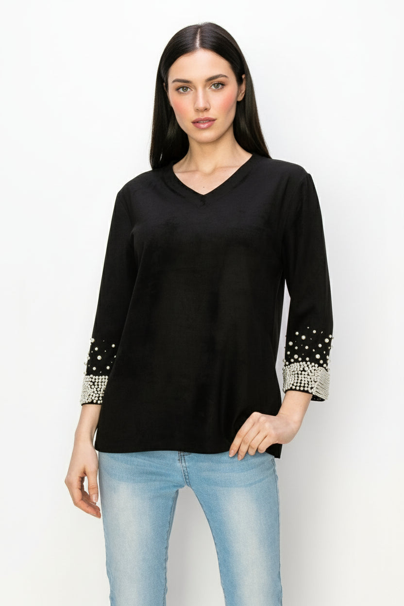 Alani Stretch Suede Top with Pearls