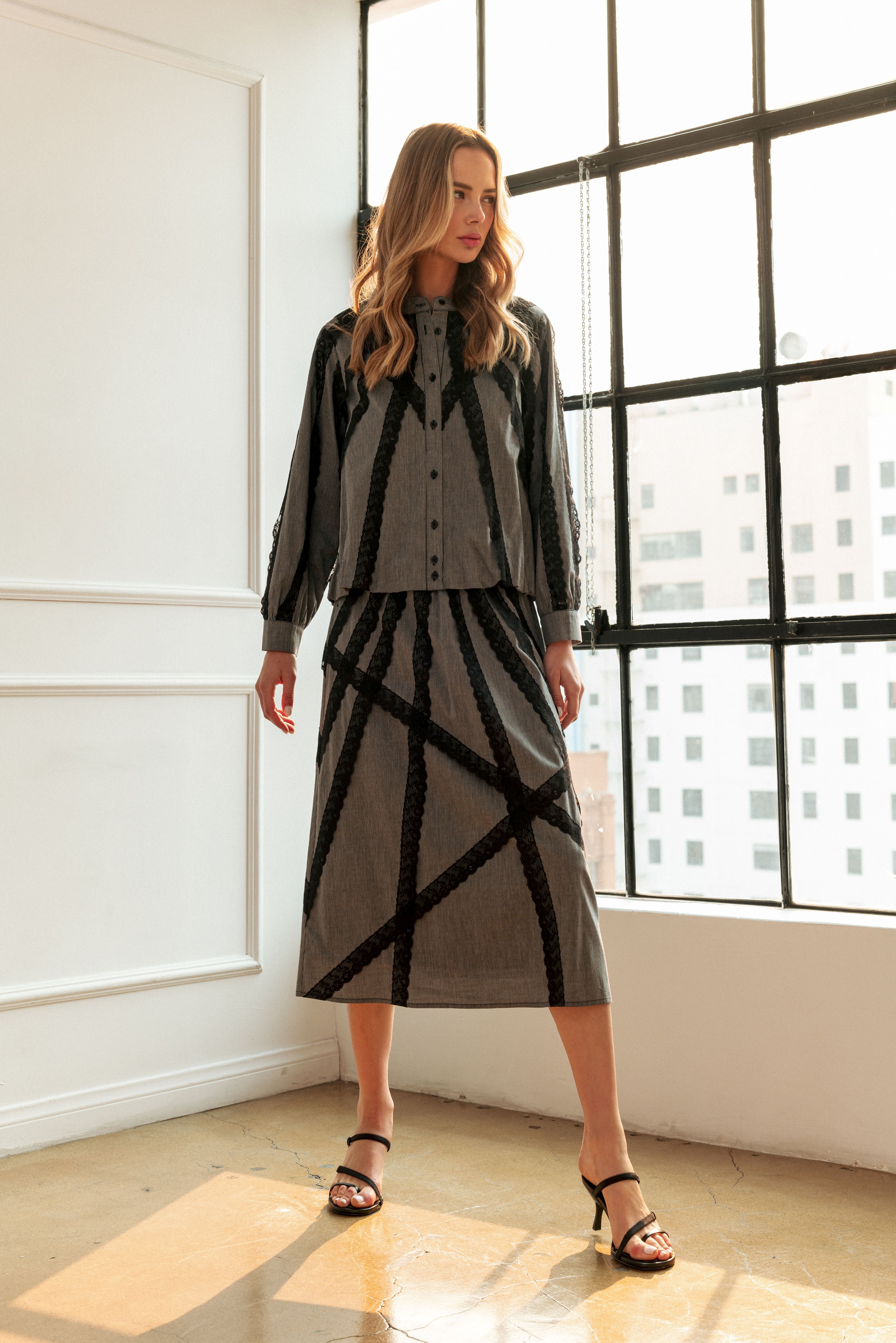 Jeanna Woven Stripe Top with Lace