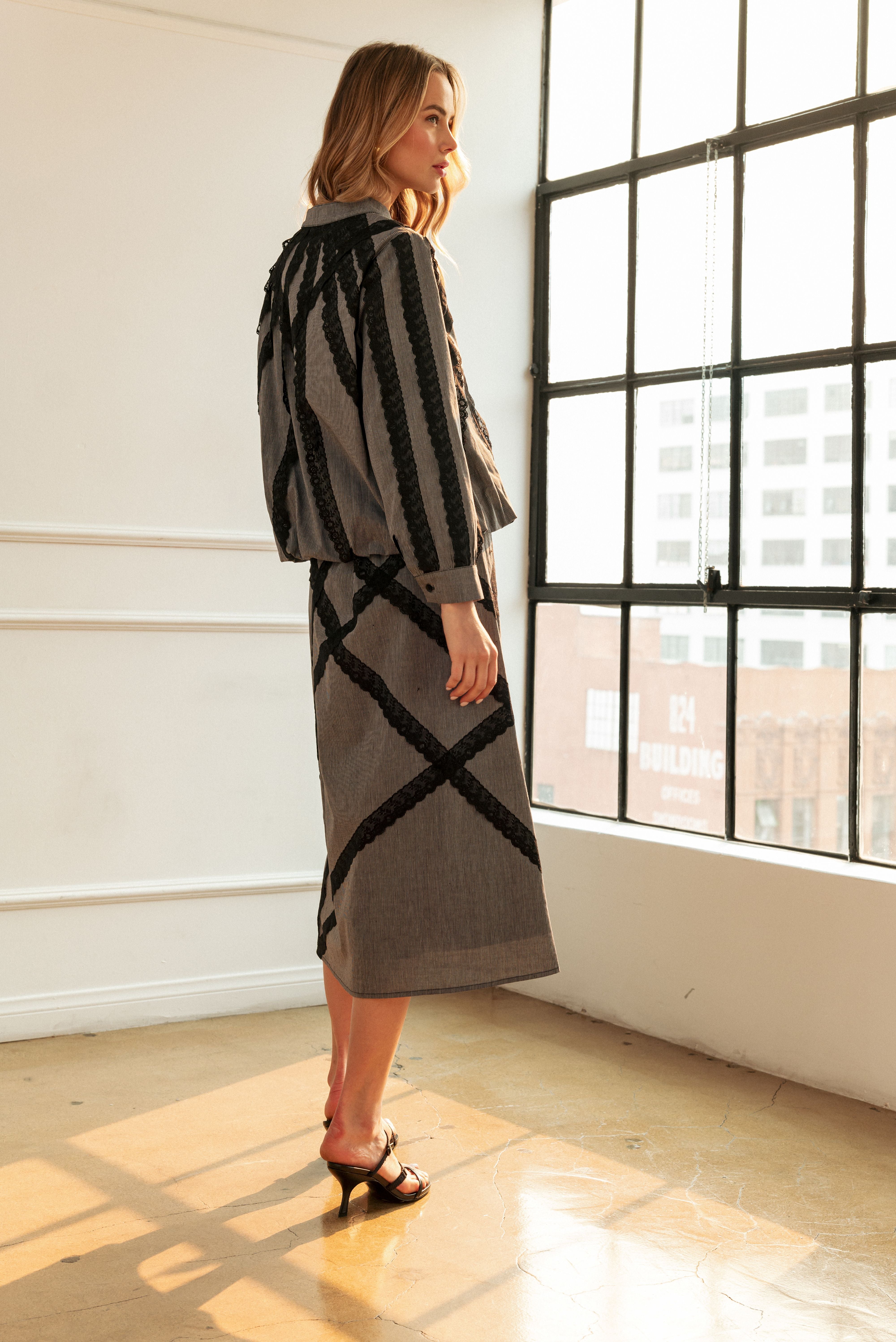 Jeanna Woven Stripe Top with Lace