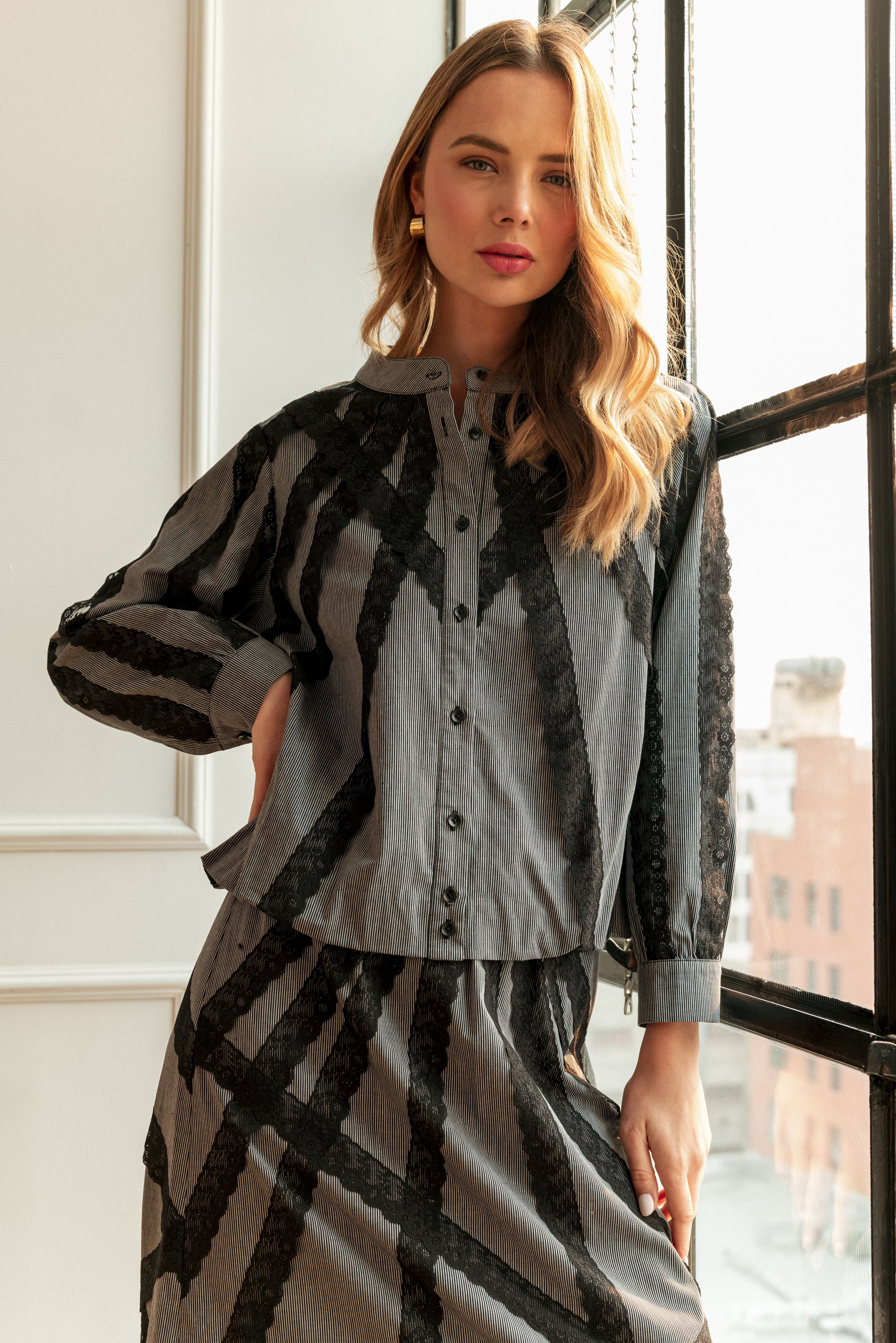 Jeanna Woven Stripe Top with Lace