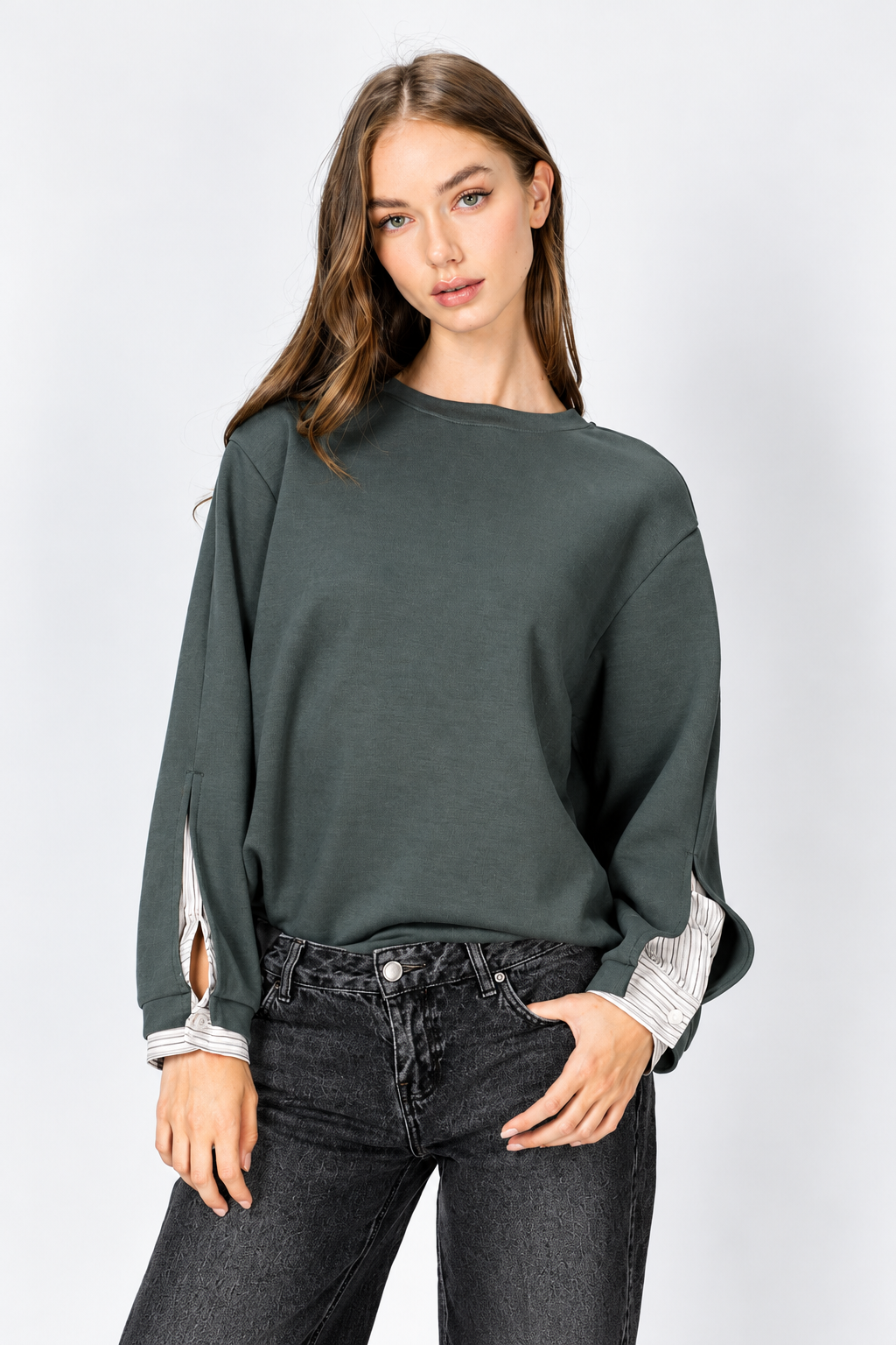 Kerra Knit Top with Attached Layered Shirt Sleeve Cuffs