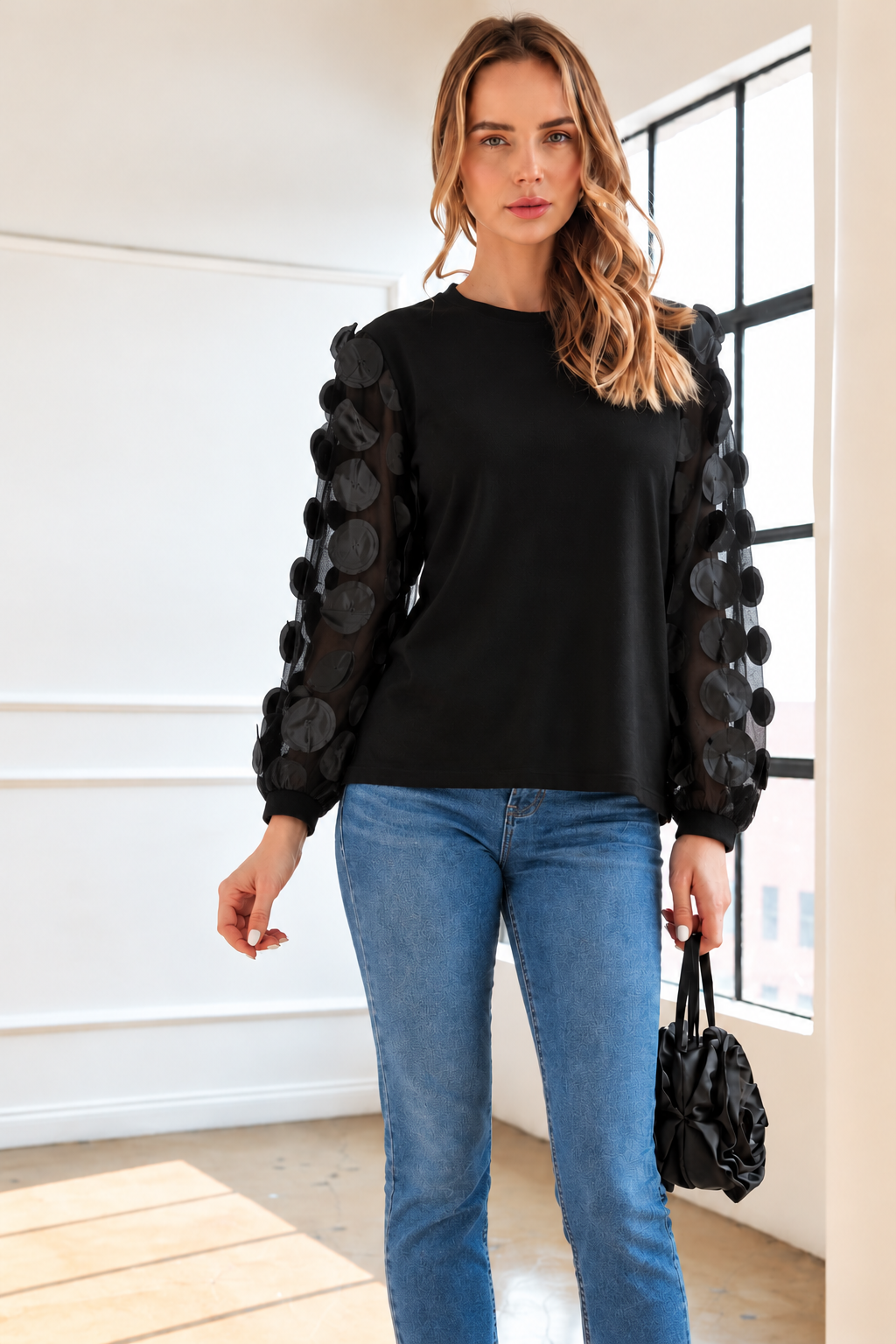 Rinna Pointe Knit Top with Mesh Lace Circle