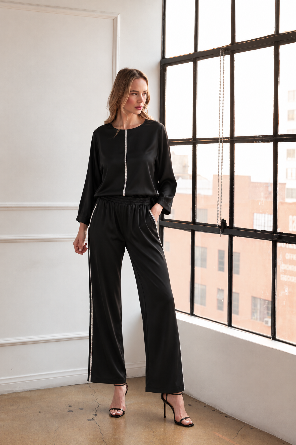 Wynne Satin Pant with Diamond Trim
