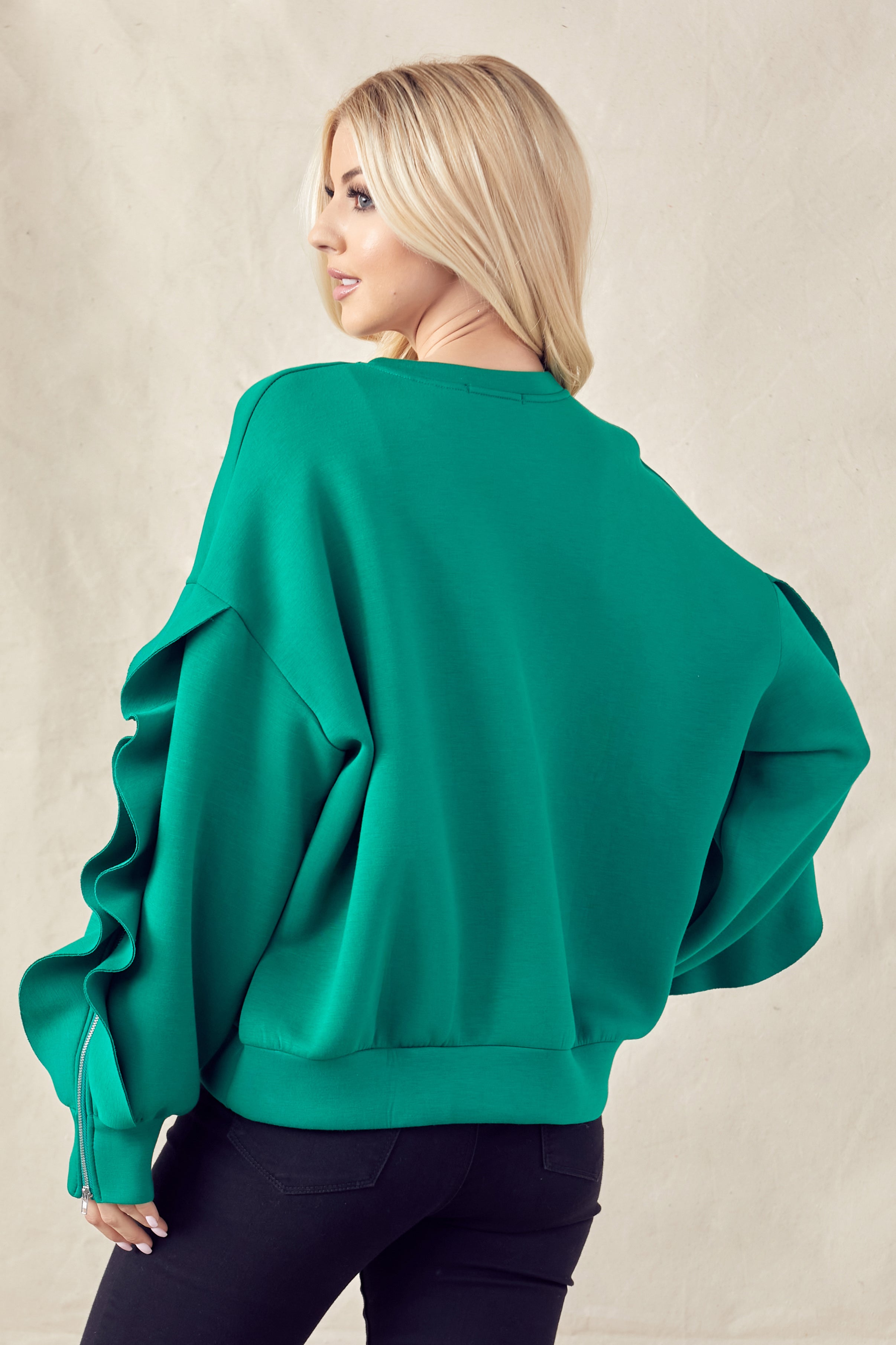 Ferra French Scuba Top with Ruffled Zipper Sleeves