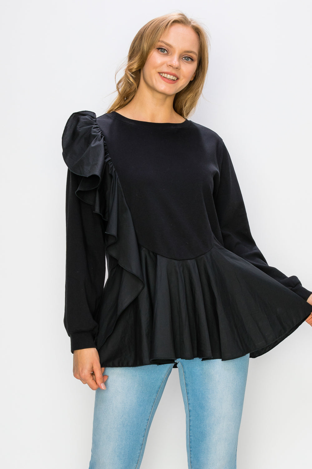 Reya Stretch Pointe Knit Ruffled Top