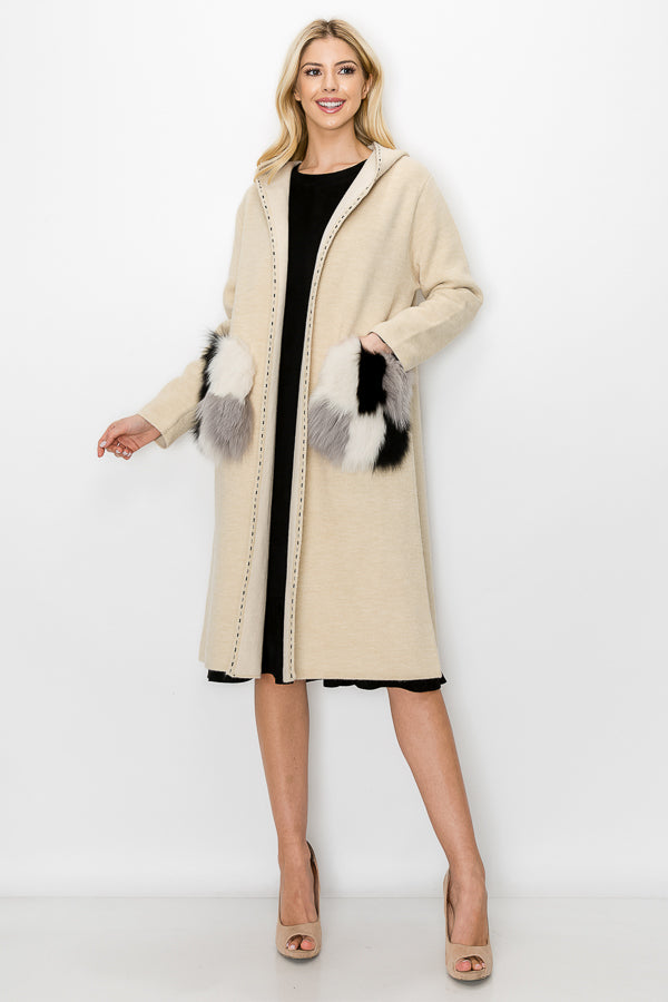 Stella Knitted Sweater Coat with Faux Fur Pockets