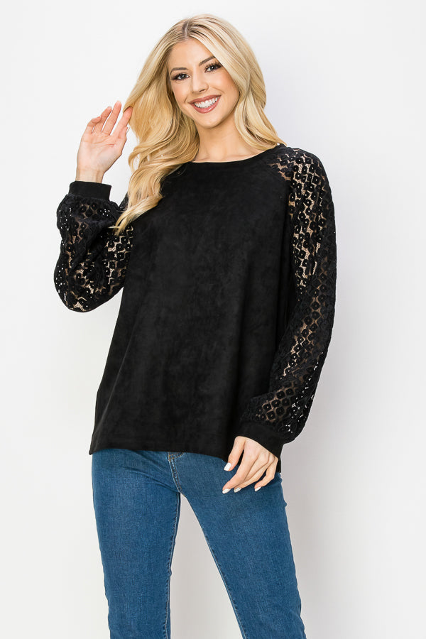 Alura Stretch Suede Top with Crochet Lace
