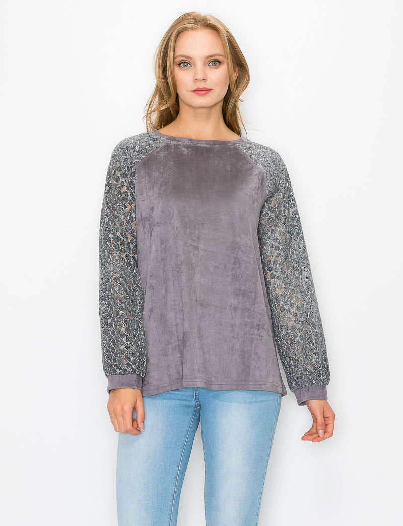 Alura Suede Top with Lace Sleeves