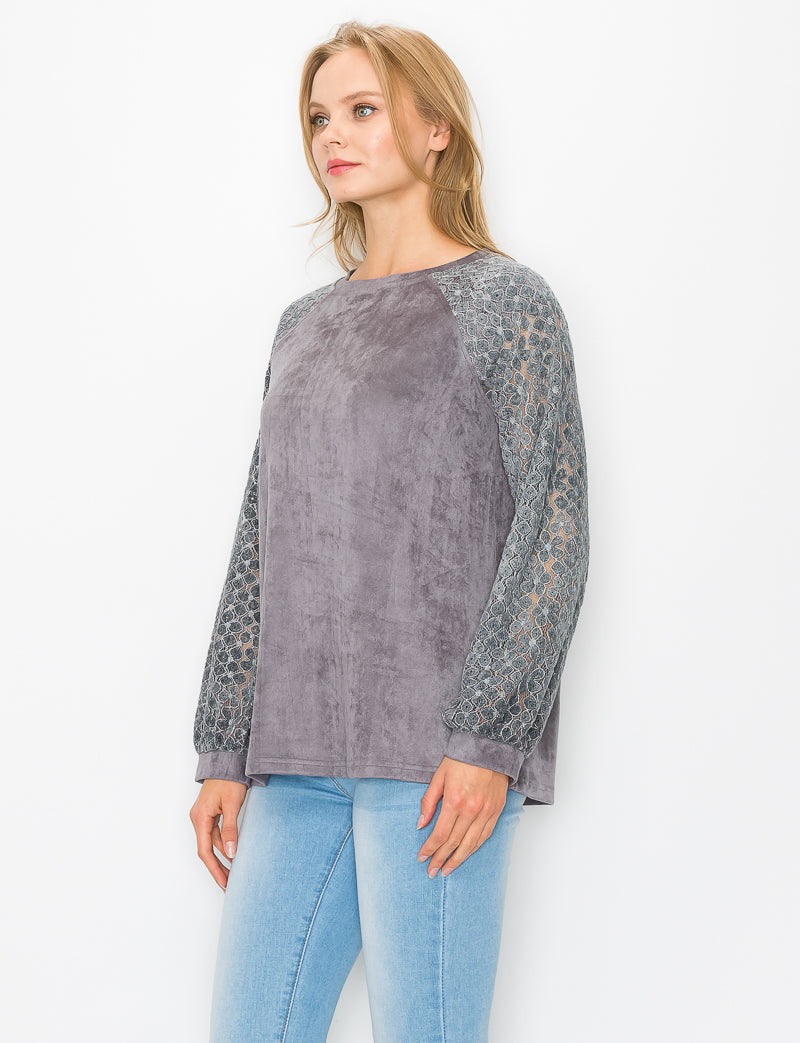 Alura Stretch Suede Top with Crochet Lace