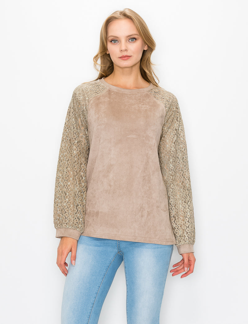 Alura Stretch Suede Top with Crochet Lace
