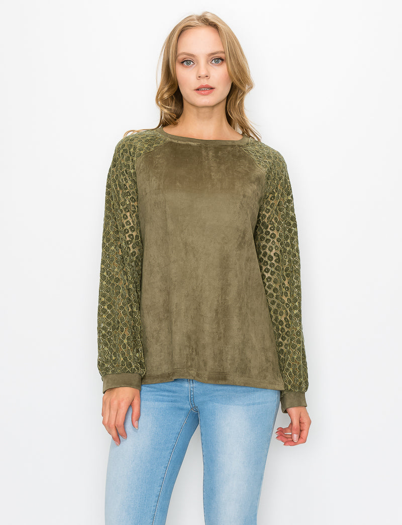 Alura Stretch Suede Top with Crochet Lace