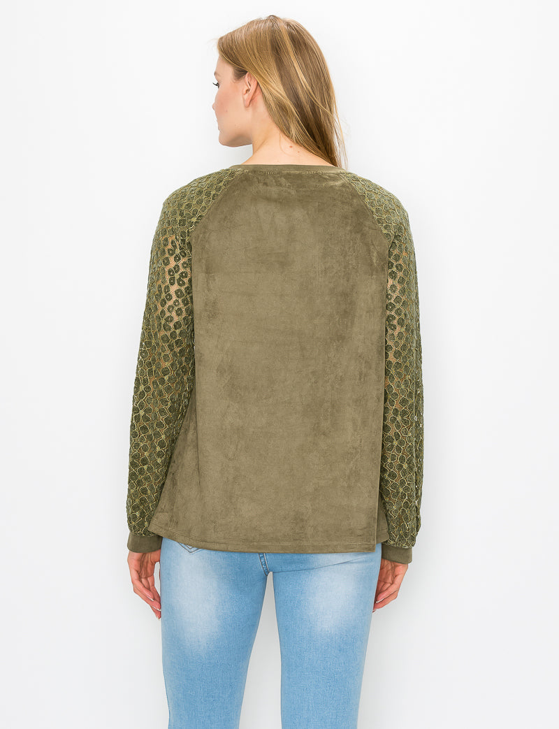 Alura Stretch Suede Top with Crochet Lace