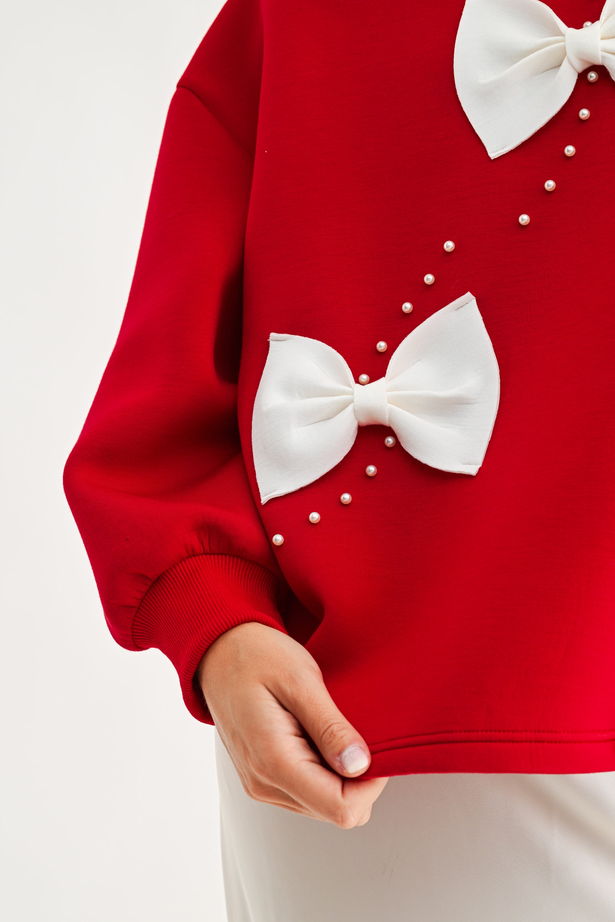 Flora Stretch French Scuba Ribbon-Bow with Pearls Top