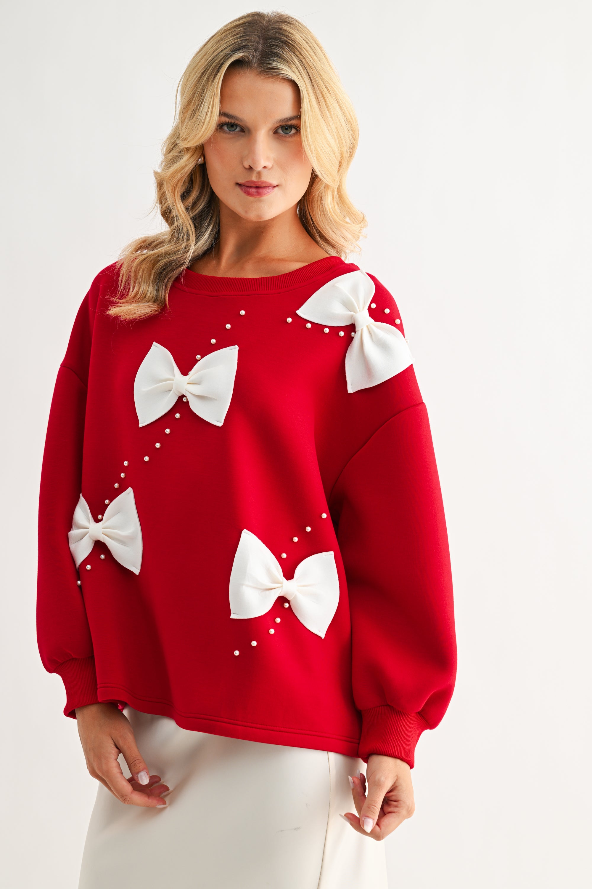 Flora Stretch French Scuba Ribbon-Bow with Pearls Top