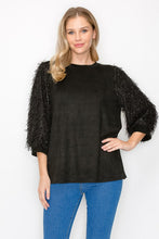 Load image into Gallery viewer, Abby Suede Top with Feathered Sleeves