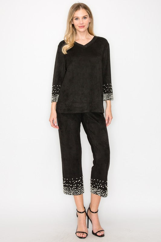 Alani Stretch Suede Top with Pearls