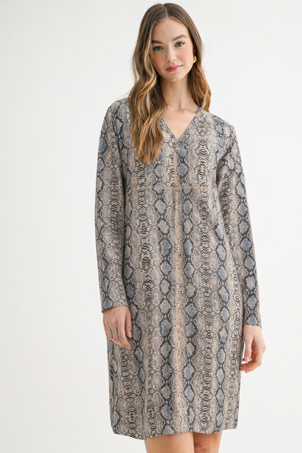 Aurora Suede V Neck Dress - Snake (with pockets or without)