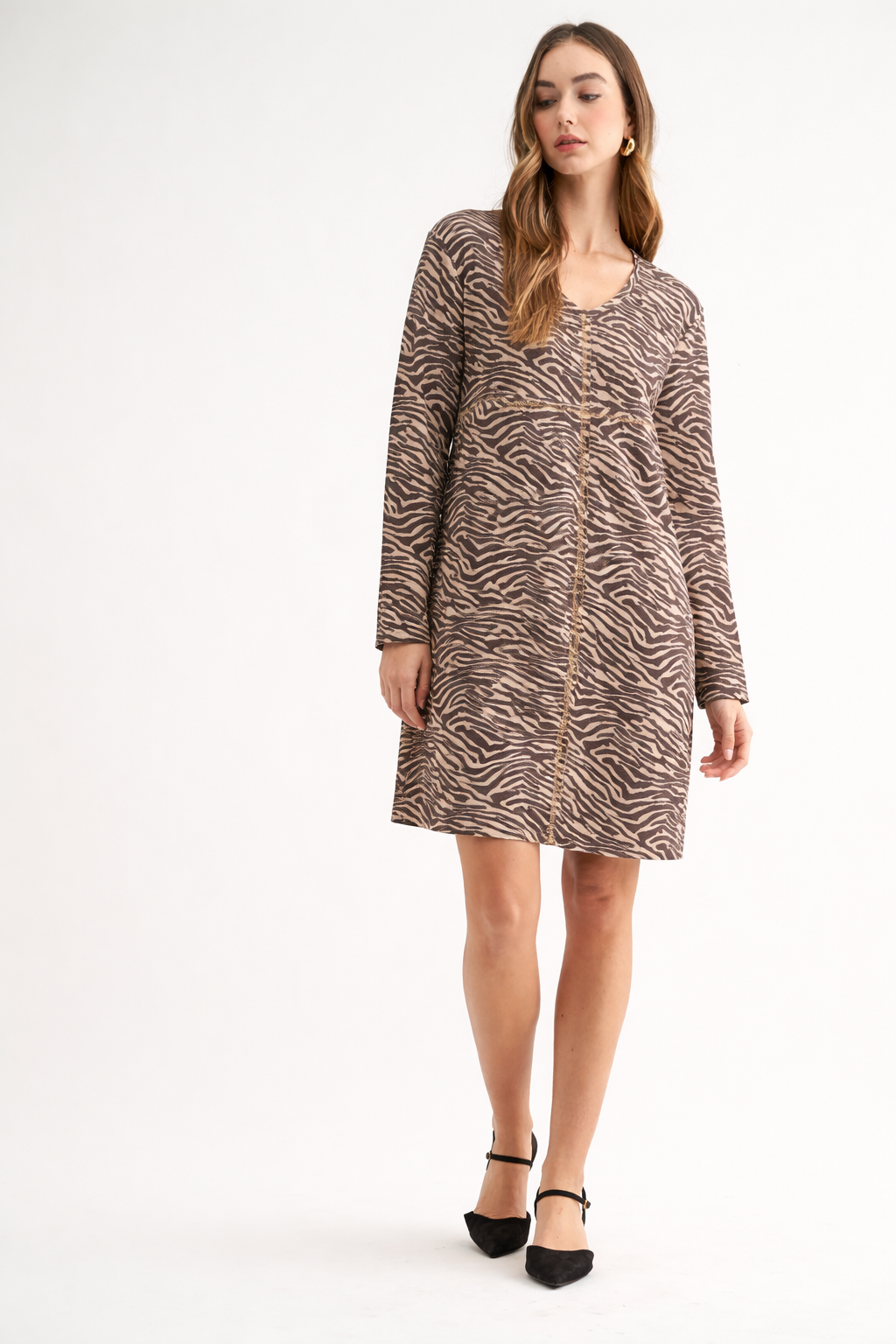 Aurora Suede V Neck Dress - Zebra (with pockets or without)