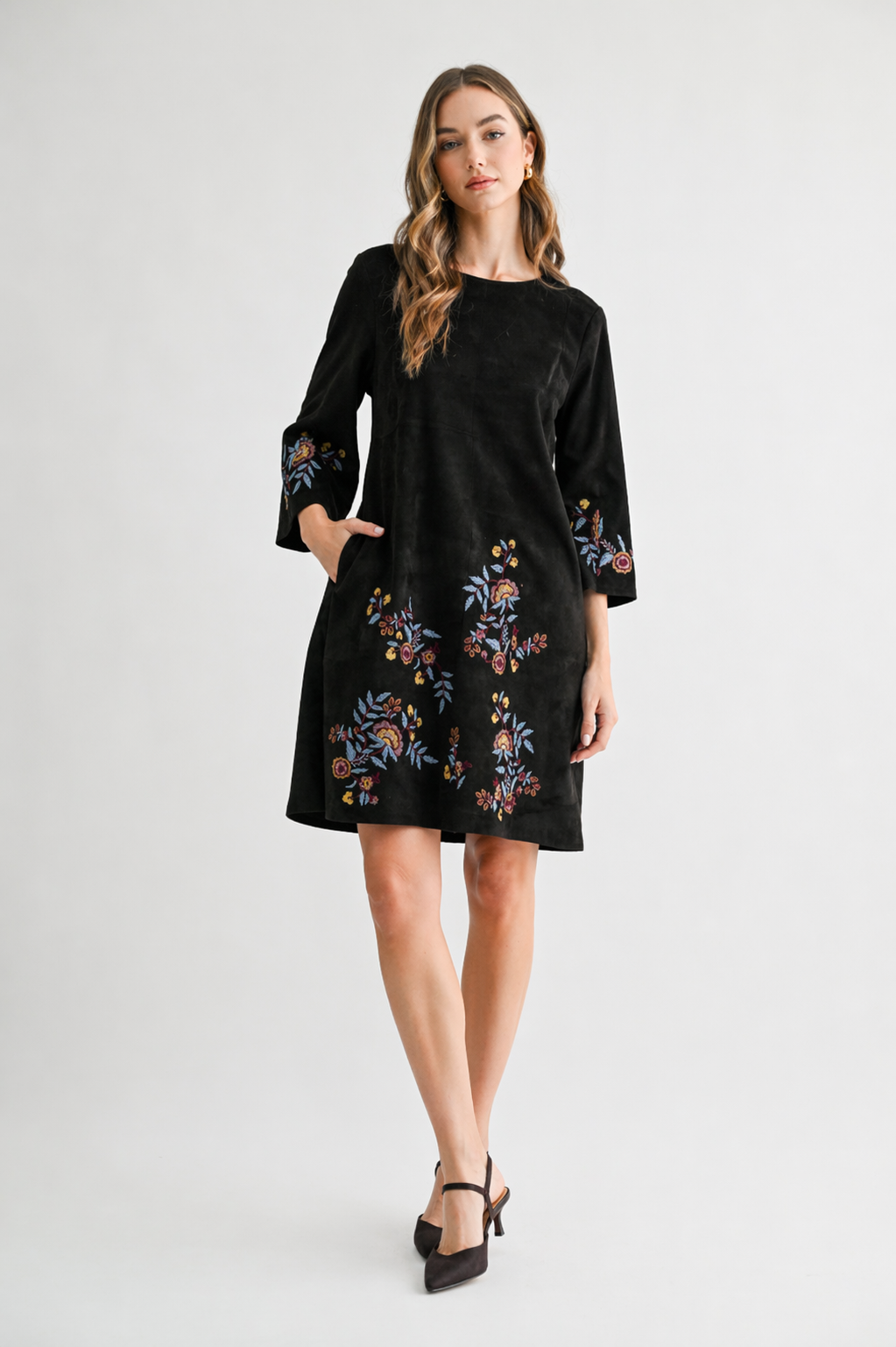 Avery Stretch Suede Embroidered Dress