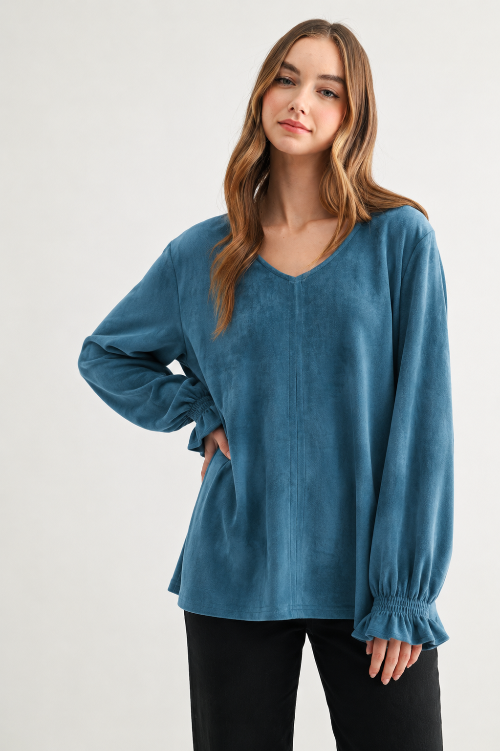 Abigail Stretch Suede Long Sleeve V Neck Top