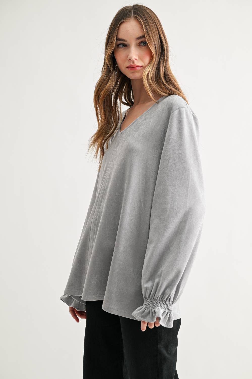 Abigail Stretch Suede Long Sleeve V Neck Top